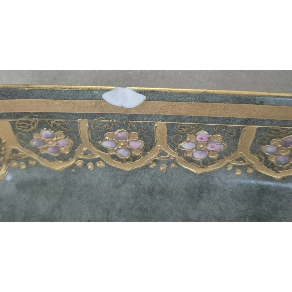 Vintage Toyo Marbella Square Decorative Dish Hand Painted Green Gold Chipped